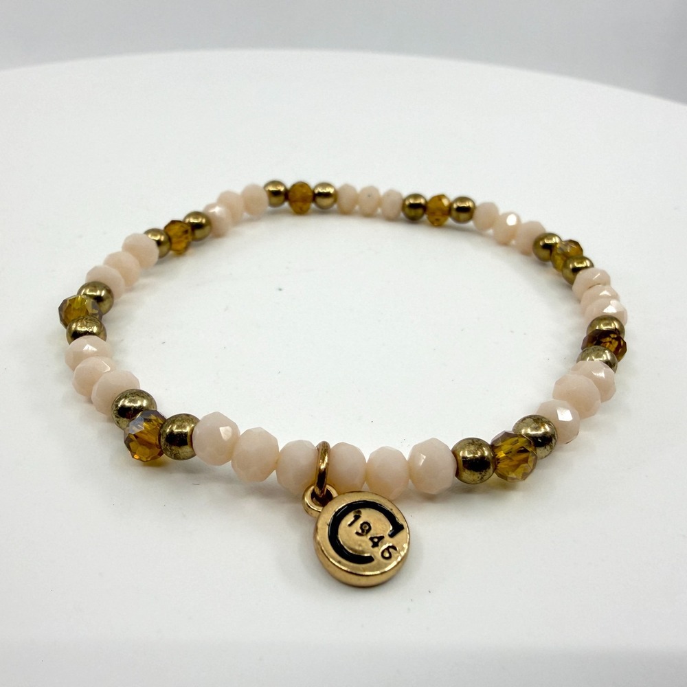 Dainty Blush Bead Stretch Bracelet Gold Tone 1946 Charm Stacking Minimalist Boho